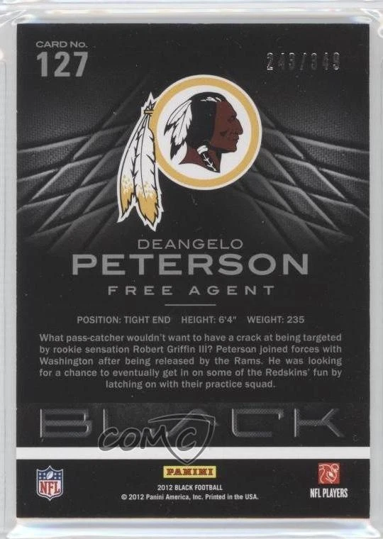 2012 Panini Black Rookie /349 Deangelo Peterson #127 Rookie RC - Image 2 of 2