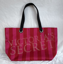 Victoria's Secret Pink Red Striped Rhinestone Logo Tote Bag Lined Black Straps