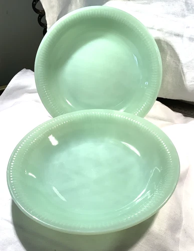 Jadite Fire King Jane Ray 2 Flat Soups 7.5" Authentic Vintage Exc. Cond.