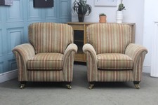 PARKER KNOLL DEVONSHIRE PAIR OF CHAIRS IN BASLOW STRIPE GOLD FABRIC. RRP £2170.