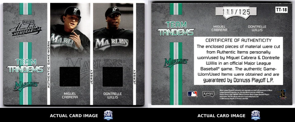2005 Playoff Absolute Memorabilia #TT-18 CABRERA & WILLIS Marlins MEM #/125 NM - Image 3 of 4