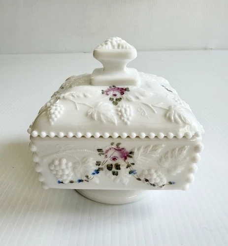 Vtg Westmoreland Milk Glass Pedestal Candy Dish Grapes Beaded, Painted Flowers