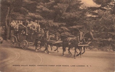1947 Hidden Valley Ranch Lake Luzerne NY Dude Ranch Horse Drawn Wagon Postcard
