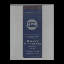 Matchbook Cover Gulf Gas Station Sparky's Auto Service Drumheller, AB
