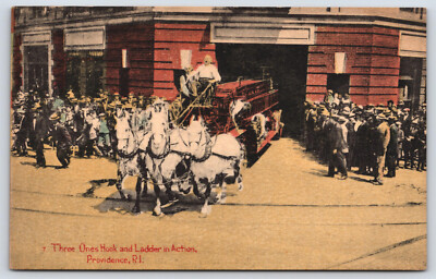 Providence RI Rhode Island - 111 Hook & Ladder Company in Action - Postcard 1910
