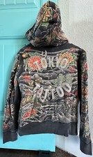 Y2K Lucky Brand Tokyo Tattoo Zip up Asian Dragon Flowers Hoodie Womens Med USED