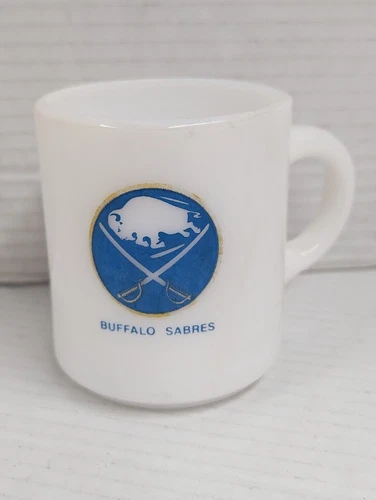 Vintage Buffalo Sabres Hockey Milk Glass Coffee Mug Cup 1972 NHL White Old Logo