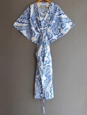 Indian Blue Floral Printed Night Maxi Gown Dress Floral Kimonos Caftan Gown Robe