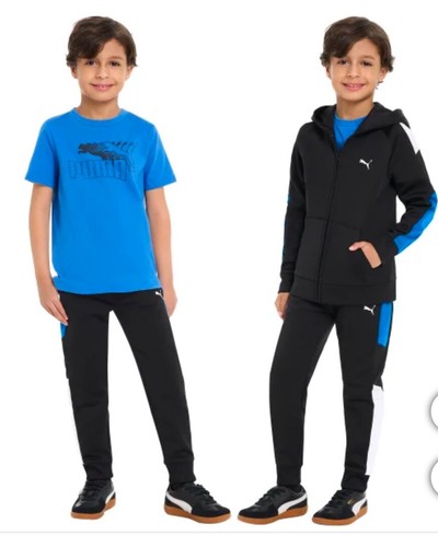 PUMA Kids' 3-piece Tech Fleece Set, Black With Blue Shirt Size 2T