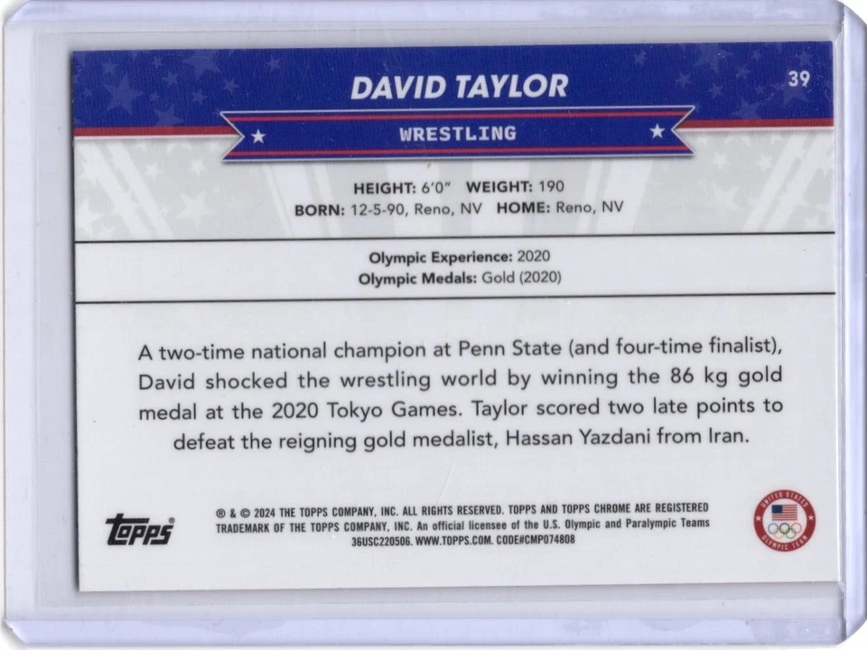 2024 Topps Chrome U.S. Olympic No. 39 David Taylor Wrestling Gold Bookend 21/25 - Image 2 of 2