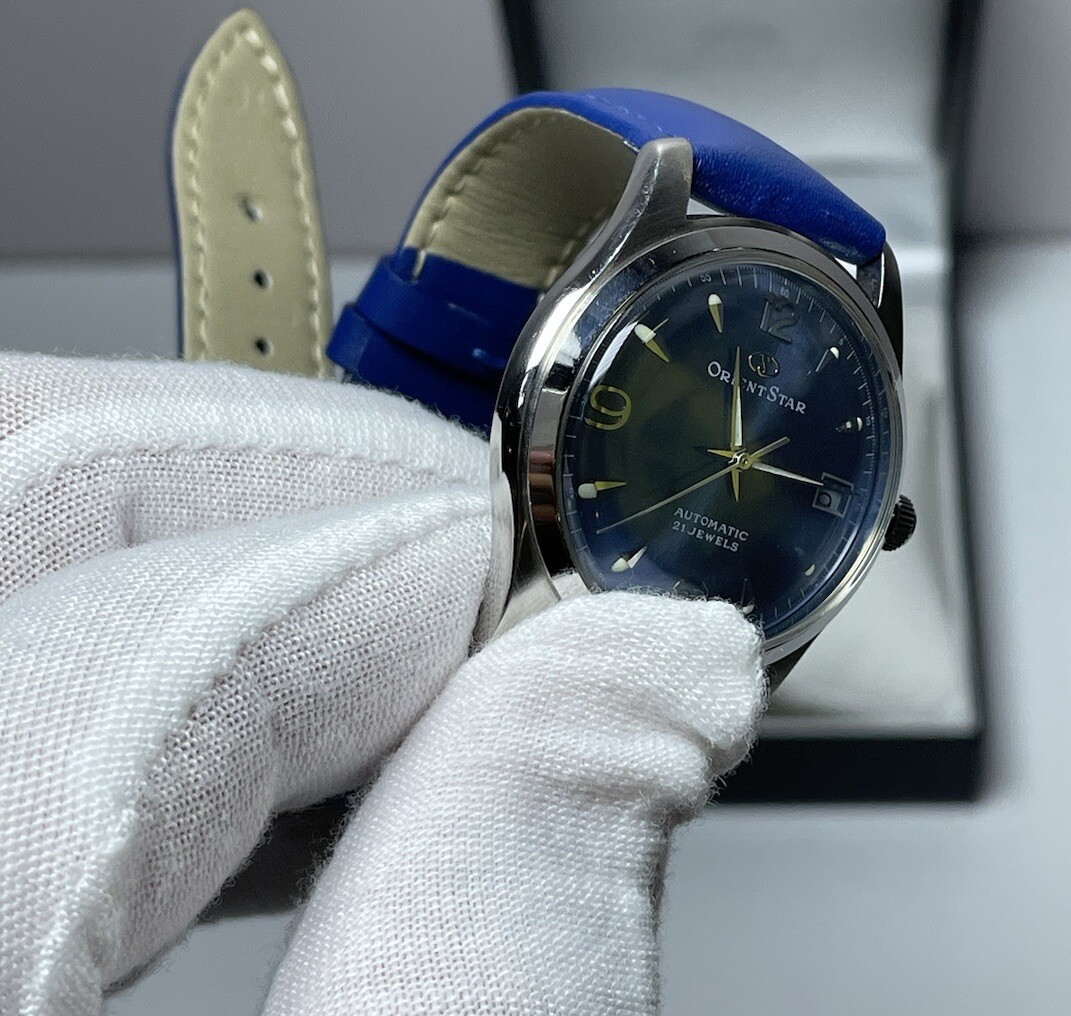 209：Orient Star　21JEWELS　597302-70　ジャンク Orient Star Automatic 21 Jewels Blue Dial Watch Japan 597302
