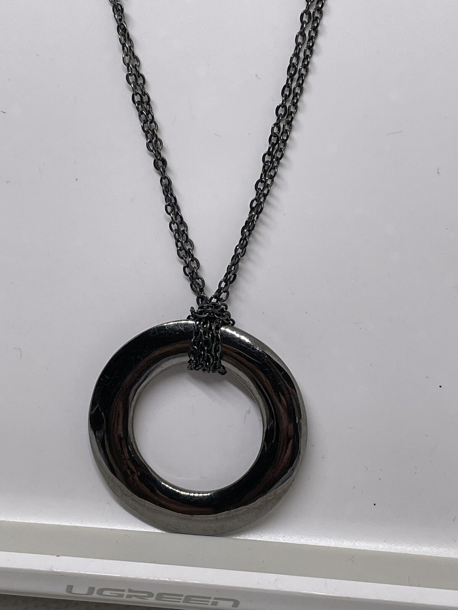 Gun Metal Gray Double Chain Circle Pendant Necklace Signed Express