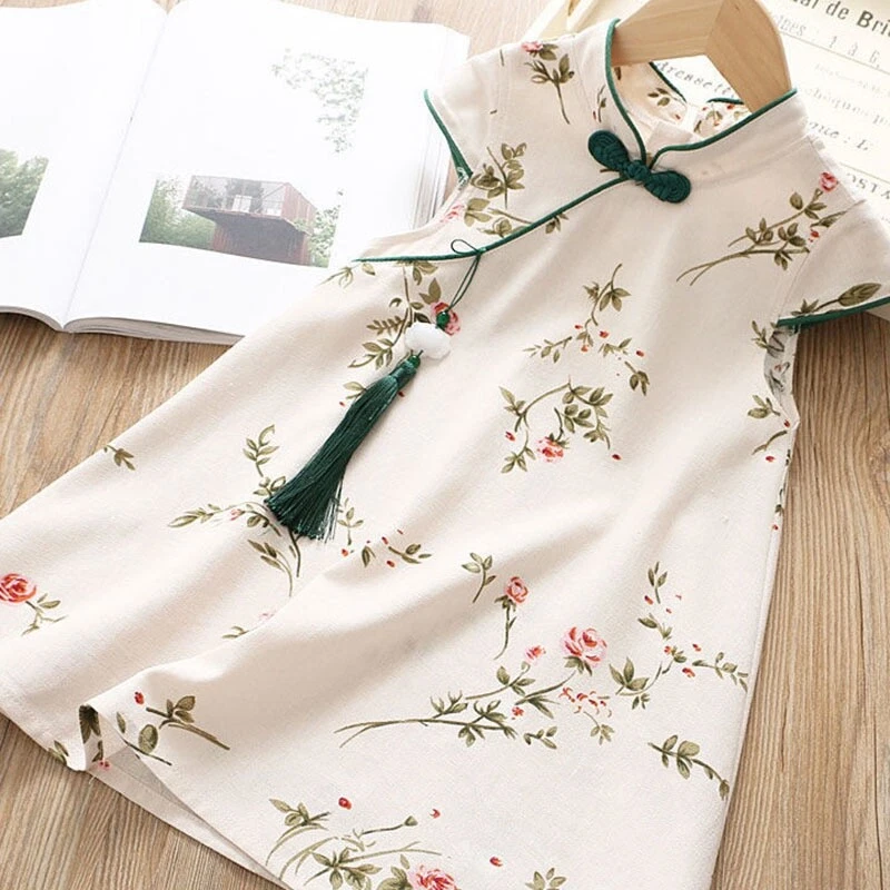 Enfant Fille Qipao Robe Floral Bouton Grenouille Gland Manches Courtes Été - Photo 2/4