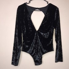 Victoria s Secret Women s Crushed Velvet Black V-Neck Thong Bodysuit Sz M / L