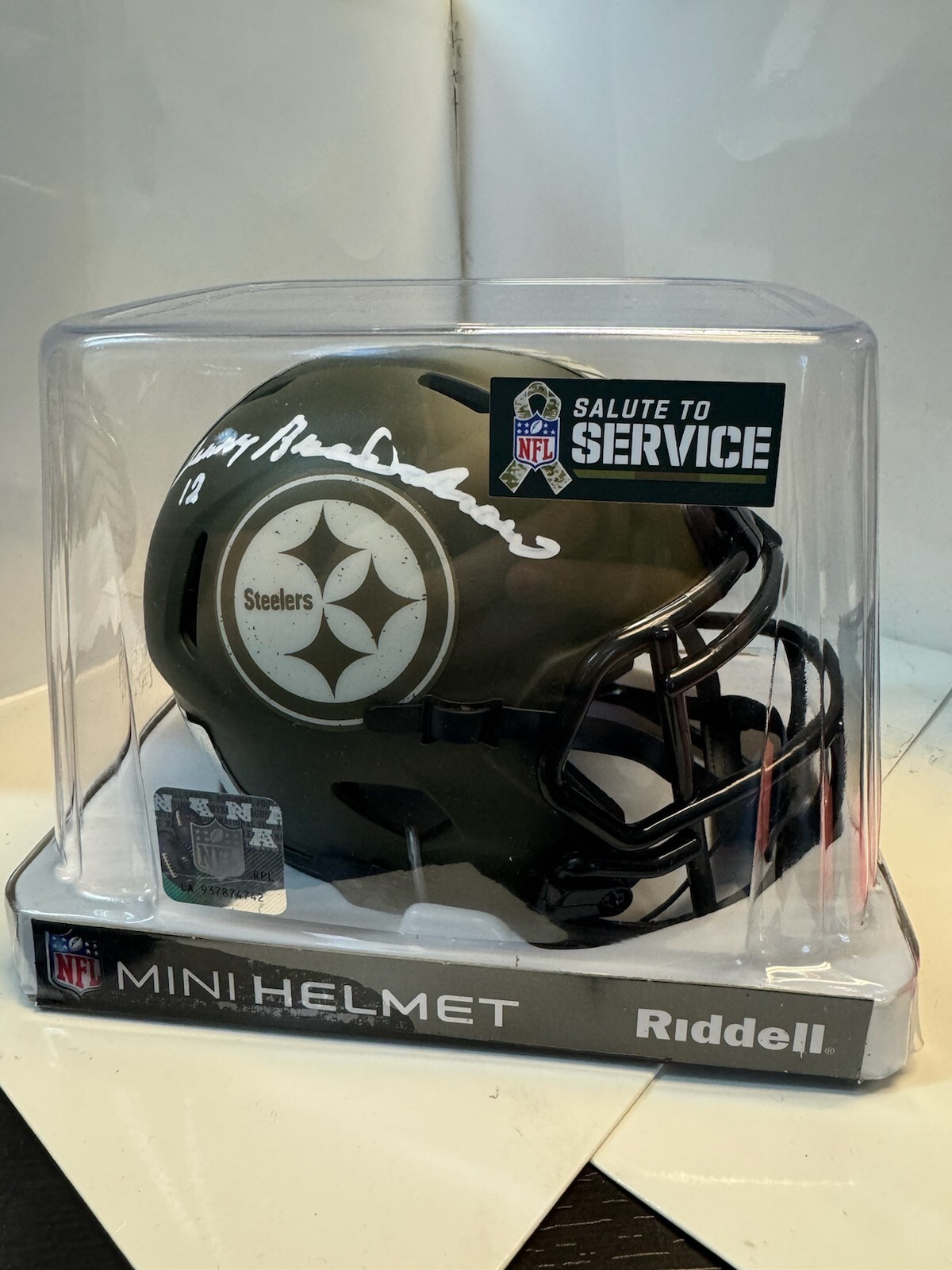 TERRY BRADSHAW Autographed Signed Pittsburgh Steelers SALUTE TO SERVICE Steelers Mini Helmet Beckett and His Coa 