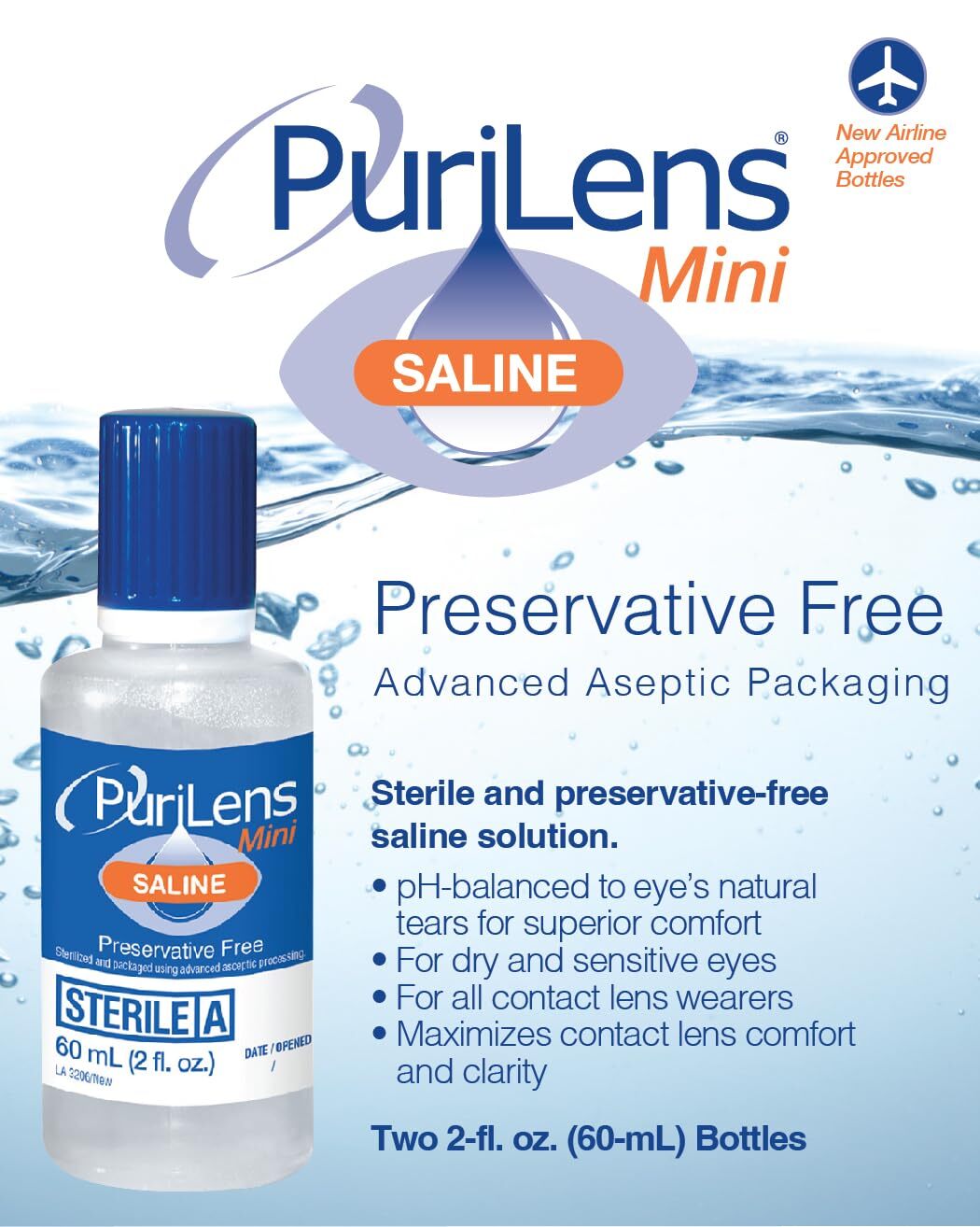 Mini Preservative-Free Lens Saline 60ml 2 fl. oz. 2 Pack