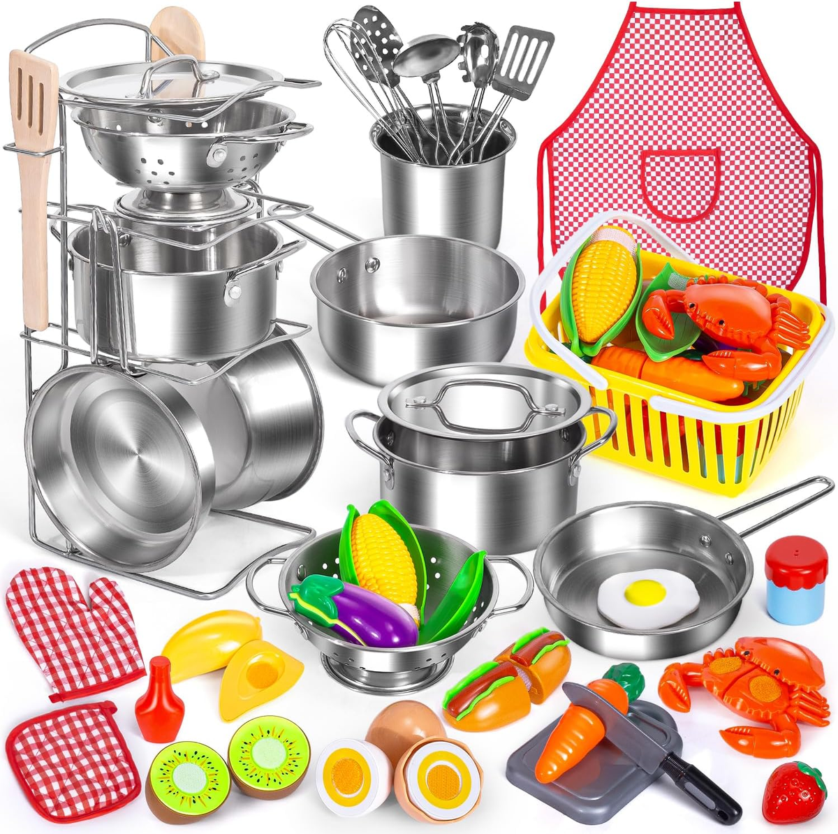 Kids Pretend Play Kitchen Toys Accessories Set, 32 Items Stainless
