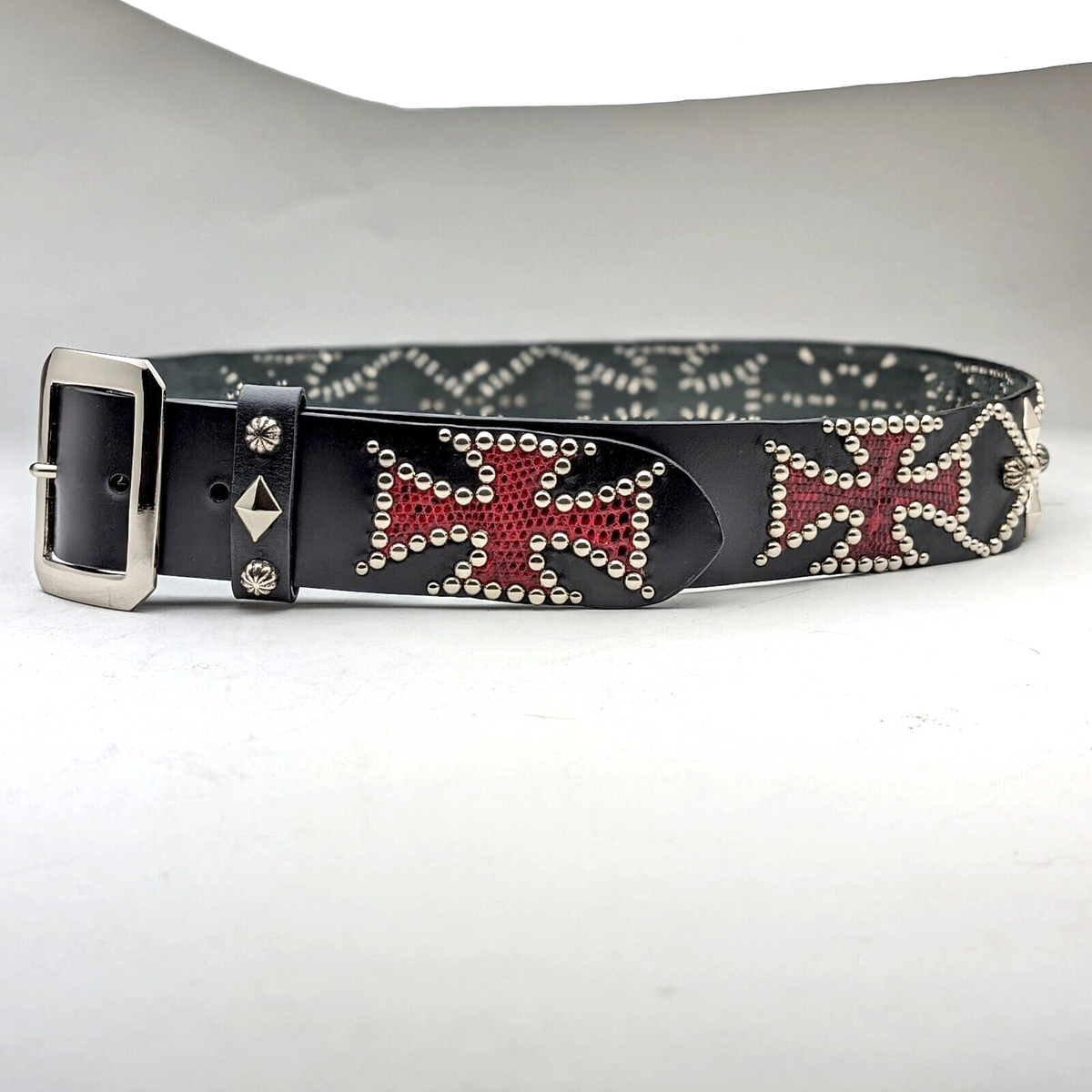 Handmade Black Leather Studded Belt Iron Cross Design Mens Biker