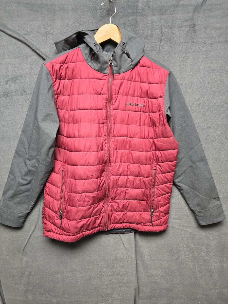Columbia Puffer Jacket Womens Omni-Heat Maroon w Grey Hood Sleeves Pre  Owned