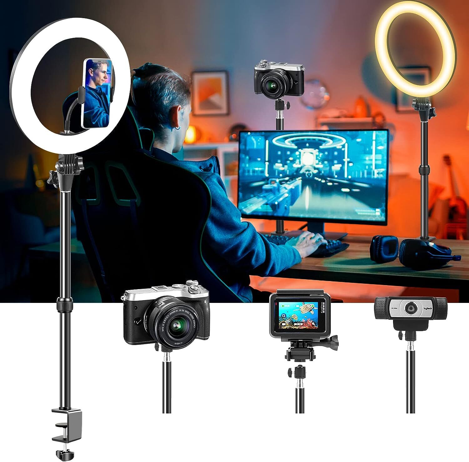 Computer Streaming Ring Light with Desk Mount Stand for Video Conferencing