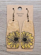 Hand Painted Laser Cut Wood Earrings Yellow Sunflower 2"
