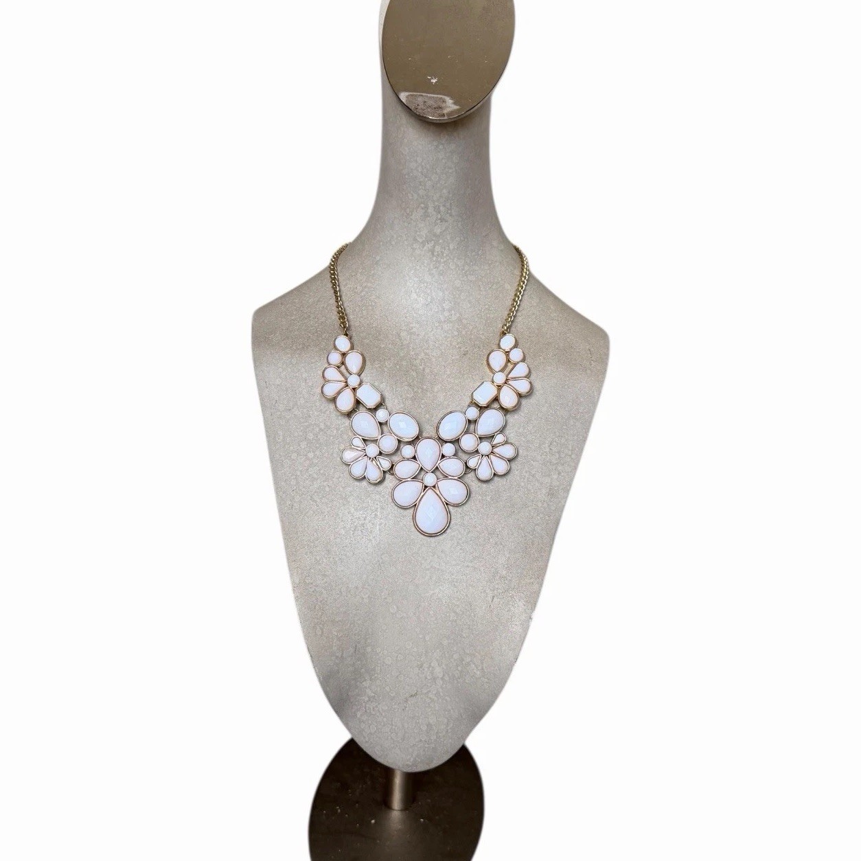 White Floral Statement Bib Statement Necklace Gol… - image 1