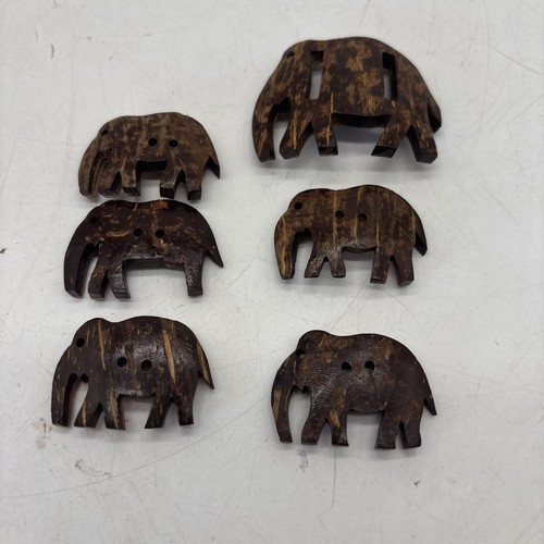 Realistic Carved Wood Elephant Buttons & Slide Lot Of 5 Vintage