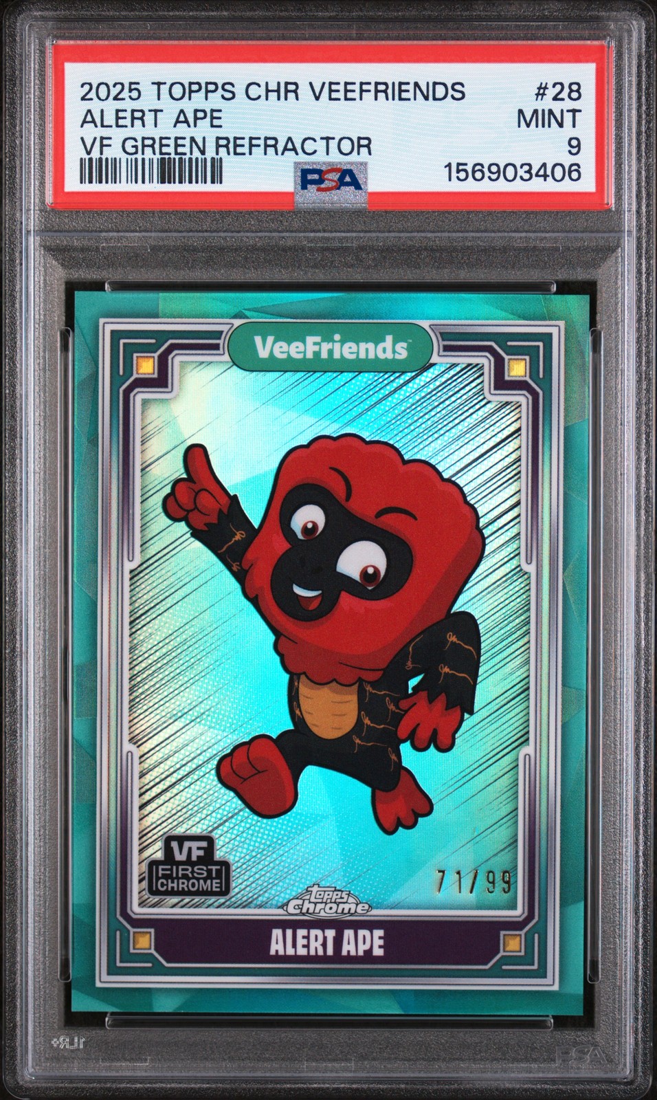 2025 TOPPS CHROME VEEFRIENDS VF GREEN REFRACTOR #28 ALERT APE 71/99 PSA 9