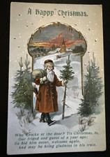 Santa Claus Walking Thru Snow with Tree~Sack~Church~1910~Christmas Postcard~k833