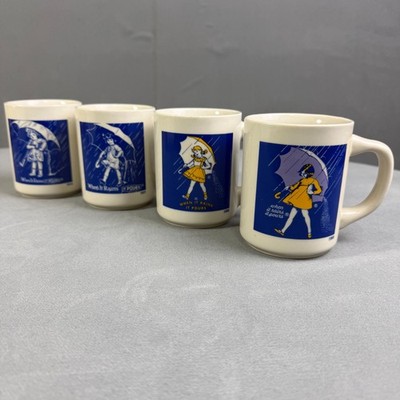 Vintage Morton Salt Girl Mug Set Japan When It Rains It Pours Advertising Cups 4
