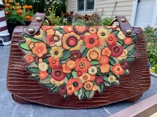Rare Isabella Fiore Brown Leather Bag with Exotic Flower Embroidery