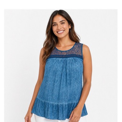 Torrid Womens Size 2 Blue Lace Yoke Sleeveless Babydoll Blouse NWT Indigo Rayon
