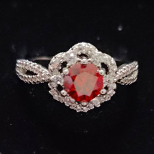 GRA Moissanite Silver Tone Halo Ring Red Round Lab-Created Moissanite Size 6.5