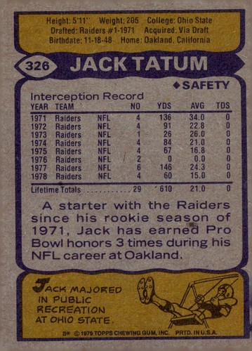 1979 Topps #326 Jack Tatum Cream Back Raiders DB - Picture 2 of 2