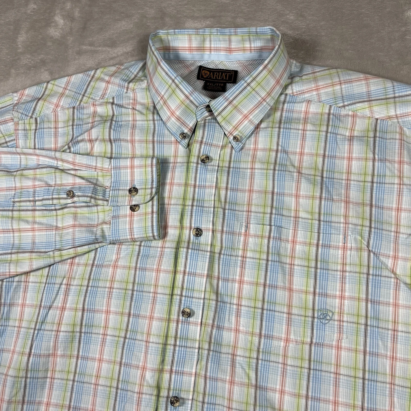 Ariat Shirt Mens 2XL Multicolor Plaid Cotton Blend Colorful Rainbow Long Sleeve