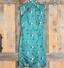 Vintage Teal Cheongsam Qipao Dress Satin Floral XS