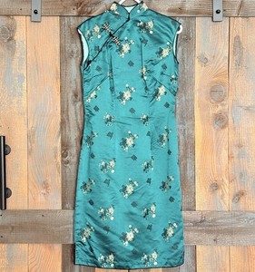 Vintage Teal Cheongsam Qipao Dress Satin Floral XS
