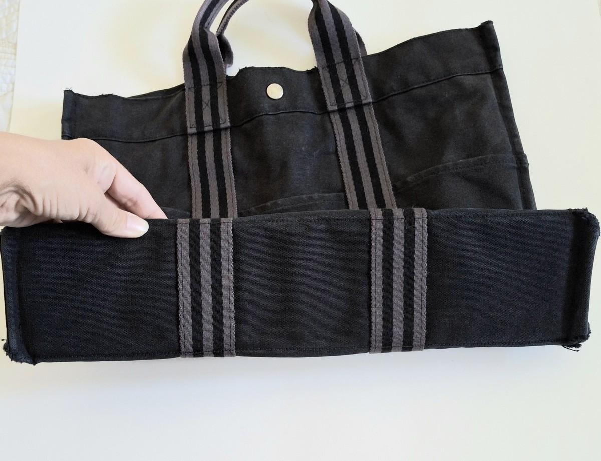 HERMES Fourre Tout Black Gray Canvas Tote Handbag Distressed