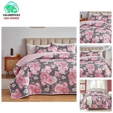 Reversible Floral King Size Quilt Set - Soft Microfiber 3-Piece Bedding Set