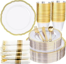 Hioasis 175pcs Clear Gold Plastic Plates - Gold Plastic Dinnerware Set Includes 