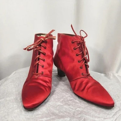Yves Saint Laurent Rare Vintage Red Satin Freida Leather Ankle 