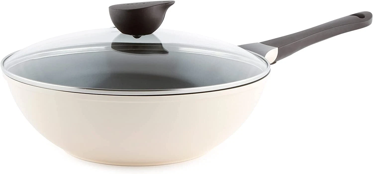 Open Box, Neoflam 12'' Non Stick Kitchen Chef Wok Pan Skillet with Glass Lid