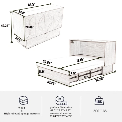 Cama Murphy tamaño queen, cama gabinete Murphy con colchón plegable y estación de carga Foto 3 de 4