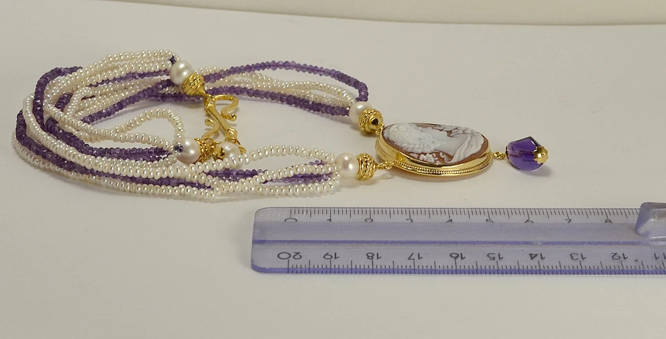 COLLANA ARGENTO DORATO CAMMEO SARDONICO PERLE BIANCHE E AMETISTA - AGLN 0169 - - Immagine 3 di 3