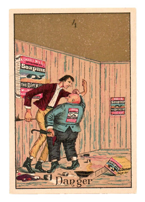 c1890 Soapine Trade Card Dirt Killer Whale Danger Fight Handbill Soapbox Fence