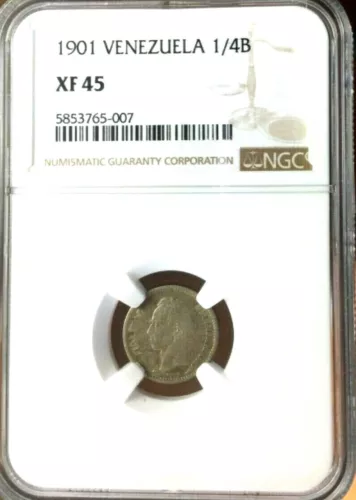1901 Venezuela 1/4 Bolivar, NGC XF 45, Scarce Date, 25 Centimos