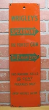 WRIGLEY'S SPEARMINT The PERFECT GUM Old Porcelain Machine Front Panel Ad Sign 5c