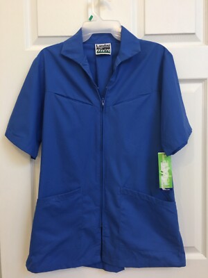 Landau Men Size Small Blue short sleeve zip front scrub top Pockets NEW *