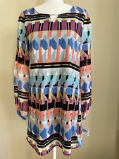 City Triangle Women's Multi-Colored Shift Dress with Long Sheer Sleeves Sz Med