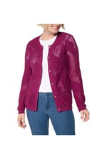 Denim Co. 100 Cotton Long Sleeve Leaf Patterned Cardigan Berry